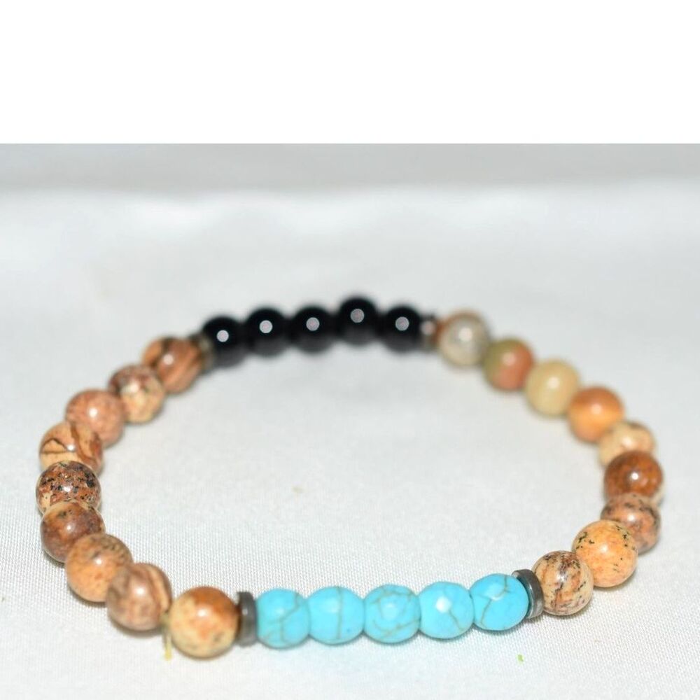 Wellness/Health Jasper Black Agate Faux Turquoise Beads 5" Stretch Bracelet